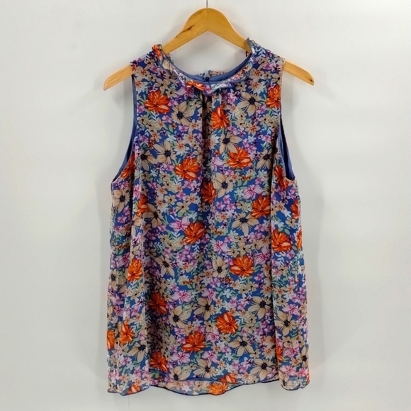 None Tops - Colorful floral blouse top size XL sleeveless unbranded boutique ruffle neck